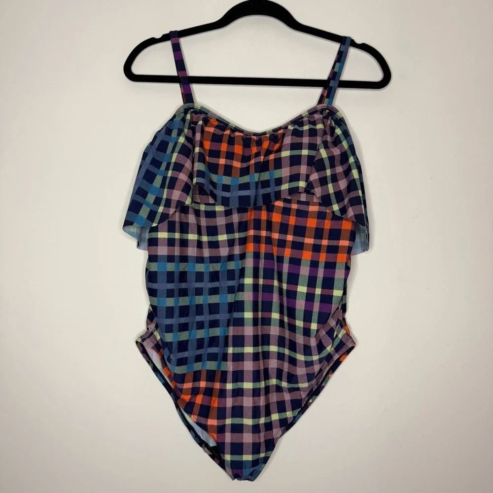 MOTHERHOOD MATERNITY Beach Bump Ruffle Top Patchwork Rainbow Gingham Swimsuit